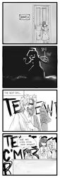  >_< 4koma ahoge angry animal_ears bunny_ears coffee_mug comic door english evil_grin evil_smile grin high_contrast houraisan_kaguya inaba_tewi jess_limcangco monochrome multiple_girls power_symbol reisen_udongein_inaba scissors screaming smile touhou yagokoro_eirin 