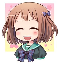  1girl breasts brown_hair chibi closed_eyes highres open_mouth ribbon sasaki_chiho short_twintails smile solo twintails 
