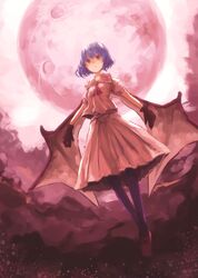  1girl bat_wings buruxugi dress flying gloves moon night night_sky no_hat no_headwear purple_hair red_eyes red_moon remilia_scarlet short_hair sky solo touhou wings 