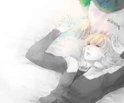  2boys bad_id barnaby_brooks_jr blonde_hair brown_eyes brown_hair glasses glasses_removed green_eyes jacket jewelry kaburagi_t_kotetsu lying male multiple_boys muted_color muted_colors necklace partially_colored spot_color tiger_&amp;_bunny 