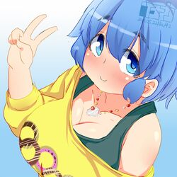  bare_shoulders blue_hair blush breasts cake cleavage food inaka_keikou jewelry large_breasts necklace original short_hair smile v 
