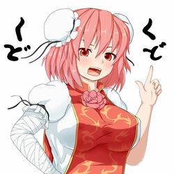  bandage bandages breasts bun_cover chinese_clothes double_bun flower ibara_kasen ibaraki_kasen large_breasts open_mouth pesogiso pink_eyes pink_hair pink_rose pointing rose solo tabard taut_shirt touhou 