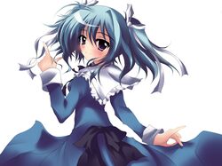  blue_hair blush from_behind hair_ribbon highres long_hair looking_back mashiroiro_symphony purple_eyes ribbon school_uniform solo suemizu_yuzuki twintails uryuu_sakuno violet_eyes 