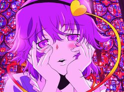  blush hands_on_own_cheeks hands_on_own_face komeiji_satori mirai_nikki parody purple_eyes purple_hair solo stained_glass touhou violet_eyes yandere yandere_trance 
