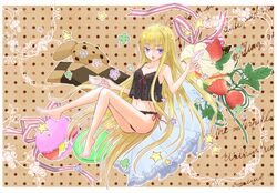  blonde_hair blue_eyes camisole cookie cup evangeline_a_k_mcdowell food frilled_panties frills fruit highres long_hair macaron macaroon mahou_sensei_negima! midriff navel panties side-tie_panties solo strawberry teacup underwear underwear_only very_long_hair 