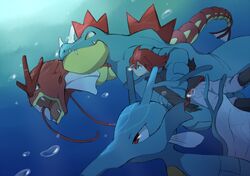  alligator alternate_color bubble dragon fang fangs feraligatr fins gloves gyarados kingdra oto_hu pokemon pokemon_special red_eyes red_hair redhead scales seahorse shiny_pokemon silver_(pokemon) spikes swimming underwater water yellow_eyes 