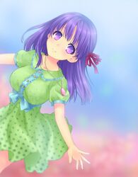  1girl breasts dress fate/stay_night fate_(series) hair_ribbon jewelry large_breasts long_hair matou_sakura necklace nfr purple_hair ribbon violet_eyes 