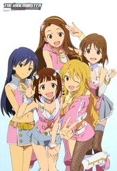  absurdres ahoge amami_haruka blonde_hair blue_hair boots brown_eyes brown_hair fishnet_pantyhose fishnets green_eyes hagiwara_yukiho highres hoshii_miki idolmaster iizuka_haruko kisaragi_chihaya long_hair megami minase_iori multiple_girls official_art open_mouth pantyhose red_eyes short_hair single_thighhigh thigh-highs thighhighs v wink 