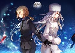  ahoge black_gloves black_legwear blonde_hair business_suit coat dhiea emiya_kiritsugu excalibur fate/stay_night fate/zero fate_(series) full_moon fur_hat gae_dearg gloves green_eyes hat irisviel_von_einzbern long_hair moon multiple_girls necktie night open_mouth pantyhose polearm ponytail red_eyes saber silver_hair spear star_(sky) sword weapon white_hair 