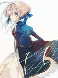 ahoge amana_raika blonde_hair dress fate/stay_night fate_(series) hair_bun hair_ribbon ribbon saber simple_background solo 