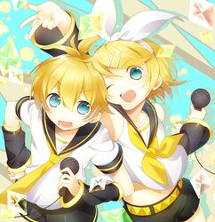  blonde_hair hair_ornament hair_ribbon hairclip kagamine_len kagamine_rin microphone open_mouth ribbon short_hair siblings twins v vocaloid wink yamiko yamiya 
