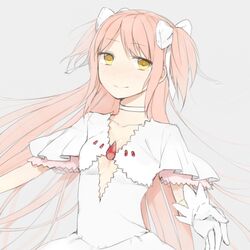  bad_id bow dress gloves goddess_madoka hair_bow kaname_madoka knt31 long_hair mahou_shoujo_madoka_magica pink_hair short_twintails smile solo tsuzuya_(knt31) twintails ultimate_madoka white_gloves yellow_eyes 