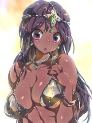  breasts dark_skin dragon_quest dragon_quest_iv earring earrings hanae_shuuhei jewelry large_breasts manya purple_eyes purple_hair shiny shiny_hair shiny_skin swimsuit violet_eyes 