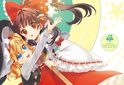  2girls blonde_hair bow brown_hair detached_sleeves hair_bow hair_tubes hakurei_reimu hat kirisame_marisa long_hair multiple_girls namisaki_yuka open_mouth red_eyes smile touhou witch_hat 