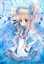  aqua_eyes bad_id blonde_hair blue_rose dress flower hair_flower hair_intakes hair_ornament hair_ribbon hands_on_hips long_hair mashiroiro_symphony mosho puffy_sleeves ribbon rose sena_airi short_twintails solo traditional_media twintails two_side_up 