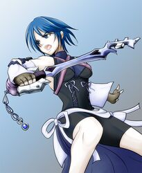  bad_id bare_shoulders blue_eyes blue_hair detached_sleeves fingerless_gloves gloves keyblade kingdom_hearts kingdom_hearts_birth_by_sleep koshi_(meermisa) meermisa short_hair solo 