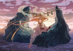  barefoot blonde_hair cloud feet floating highres long_hair original purple_eyes rope shawl sitting sky solo takekono tears very_long_hair violet_eyes 