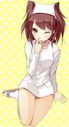  bandana blush brown_eyes brown_hair earrings finger_suck finger_sucking heart jewelry kneehighs kujikawa_rise minitesu persona persona_4 sandals sitting solo white_legwear wink 