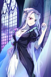  breasts cleavage dress earrings flower heterochromia jewelry long_hair lowres luna_flina markings pink_eyes purple_hair see-through solo sword_girls very_long_hair window 