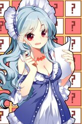  aqua_hair bonnet breasts cleavage crescent_nazo dress fang frills gathers hairband long_hair lowres markings open_mouth paper red_eyes roh_nam_kyung ruffles solo sword_girls 