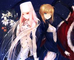  ahoge black_legwear blonde_hair blue_eyes dress fate/stay_night fate/zero fate_(series) flower fur_hat gloves hand_holding hand_on_chest hand_on_own_chest hat highres holding_hands irisviel_von_einzbern long_hair moemoe3345 multiple_girls pantyhose red_eyes saber silver_hair smile star white_gloves wink winter_clothes 