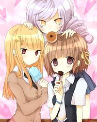  bangs blunt_bangs blush bracelet breasts brown_eyes brown_hair cornelia_(umineko) dlanor_a_knox dress_shirt drill_hair food gertrude holding jewelry long_sleeves multiple_girls necktie pleated_skirt popsicle shirt skirt sweater umineko_no_naku_koro_ni white_hair yellow_eyes 