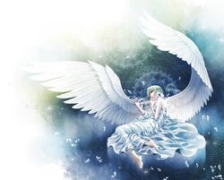  angel angel_wings bare_shoulders barefoot braid closed_eyes copyright_request eyes_closed flower green_hair hair_flower hair_ornament highres large_wings long_hair naked_sheet sleeping solo twin_braids wings 