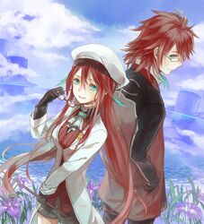 aty beret character_request clouds cravat flower glasses glasses_removed green_eyes hat horizon jacket mountain multicolored_hair redhead shinono short_shorts shorts summon_night_5 sweater two-tone_hair 