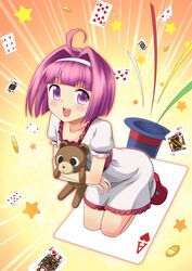  ahoge bear blush card cards choco_(rio) falling_card hat kuri_youkan mint_clark open_mouth playing_card purple_eyes purple_hair short_hair smile solo stuffed_animal stuffed_toy super_blackjack swimsuit top_hat violet_eyes 