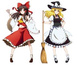  2girls blonde_hair bow braid brown_eyes brown_hair hair_bow hair_tubes hakurei_reimu hat julius_yu kirisame_marisa long_hair multiple_girls touhou witch_hat 