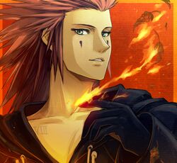  axel cloak facial_mark fire gloves green_eyes kingdom_hearts leaf male red_hair redhead solo tattoo tokidoki_tidori 