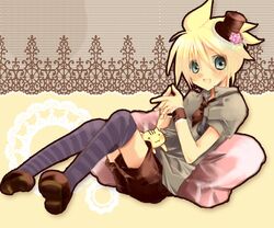  blonde_hair blush cat cushion flower hat kagamine_len male rose shorts solo striped striped_legwear striped_thighhighs thigh-highs thighhighs vocaloid wakakohime_moe wristband 