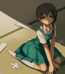  1girl black_hair blueness_(michikusakan) brown_eyes keikain_yura nurarihyon_no_mago paper shadow short_hair sitting socks solo tatami wariza 