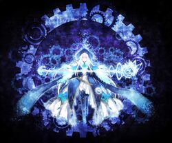  blue_legwear boots closed_eyes eyes_closed gears hat knee_boots long_hair minami_seira pixiv_fantasia pixiv_fantasia_wizard_and_knight solo staff thigh-highs thighhighs white_hair 
