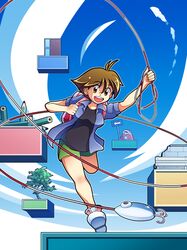  bad_id bag brown_eyes brown_hair fishing fishing_rod holding holding_fishing_rod kyaperin lure pencils randoseru short_hair umihara_kawase umihara_kawase_(character) 