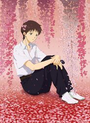  1boy blue_eyes brown_hair cassette_player earphones earphones flower highres ikari_shinji neon_genesis_evangelion petals sitting socks solo vll 