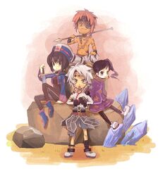  cape chloe_valens eyepatch gloves hat jay komu24 moses_sandor polearm red_eyes red_hair redhead senel_coolidge side_ponytail spear sword tales_of_(series) tales_of_legendia weapon white_hair 