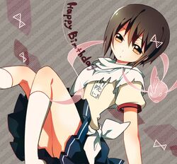  1girl black_hair blueness_(michikusakan) brown_eyes fish gym_uniform happy_birthday keikain_yura nurarihyon_no_mago onmyouji school_uniform shikigami short_hair skirt socks torn_clothes 
