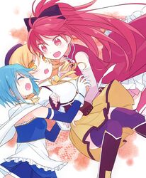  :d :o ^_^ bare_shoulders beret blonde_hair blue_hair boots bow cape closed_eyes colored_eyelashes detached_sleeves drill_hair eyes_closed fang fingerless_gloves girl_sandwich gloves hair_bow hat hug long_hair magical_girl mahou_shoujo_madoka_magica miki_sayaka miz_01 mizuki_(koko_lost) multiple_girls open_mouth ponytail purple_legwear red_eyes red_hair redhead ribbon sakura_kyouko short_hair skirt smile thigh-highs thighhighs tomoe_mami twin_drills white_gloves yellow_eyes yuri zettai_ryouiki 