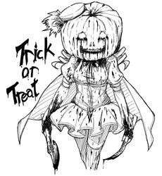  4shi blood drill_hair halloween hat jack-o'-lantern jack-o'-lantern mahou_shoujo_madoka_magica mami_mogu_mogu monochrome pumpkin sketch skirt solo thigh-highs thighhighs tomoe_mami trick_or_treat twin_drills weapon white_background work_in_progress zettai_ryouiki 
