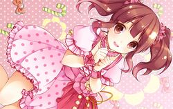  1girl brown_eyes brown_hair dress hair_ribbon idolmaster idolmaster_cinderella_girls ogata_chieri polka_dot ribbon short_twintails twintails wrist_cuffs 