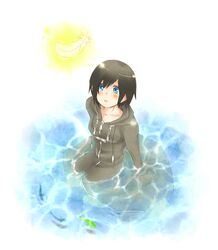  black_hair blue_eyes cloak feathers gloves kingdom_hearts kingdom_hearts_358/2_days rxoixoans short_hair solo tears water xion_(kingdom_hearts) 