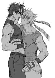  2boys caesar_anthonio_zeppeli facial_mark feathers fingerless_gloves gloves hand_to_forehead headband jojo_no_kimyou_na_bouken joseph_joestar_(young) kurenai_karasu midriff multiple_boys turtleneck 