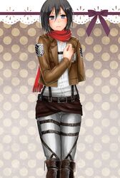  belt black_hair blue_eyes hashibami jacket mikasa_ackerman scarf shingeki_no_kyojin short_hair thigh_strap 