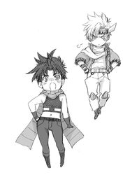  2boys caesar_anthonio_zeppeli chibi facial_mark fang fingerless_gloves gloves headband jacket jojo_no_kimyou_na_bouken joseph_joestar_(young) kurenai_karasu midriff multiple_boys scarf 