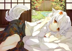  animal_ears bare_shoulders blush detached_sleeves inubashiri_momiji lying midriff no_hat no_headwear on_side orange_eyes short_hair silver_hair skirt smile solo sword tail touhou wataame27 weapon white_hair wolf_ears wolf_tail 
