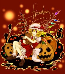  blonde_hair bobby_socks character_name fang flandre_scarlet footwear halloween hat hat_ribbon jack-o'-lantern jack-o'-lantern loafers pumpkin red_eyes ribbon shoes short_hair skirt smile socks solo stuffed_animal stuffed_toy teddy_bear the_embodiment_of_scarlet_devil touhou wings yagimiwa 