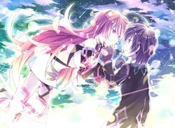  black_hair blonde_hair gloves jude_mathis kinoshita_neko long_hair milla_maxwell purple_eyes sky smile star tales_of_(series) tales_of_xillia violet_eyes yellow_eyes 