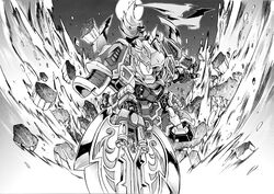  axe debris full_moon gundam jyokou_serpent kin monochrome moon no_humans robot sangokuden sd_gundam sd_gundam_sangokuden solo weapon 