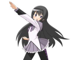  1girl acgin akemi_homura black_hair haiyore!_nyaruko-san long_hair magical_girl mahou_shoujo_madoka_magica open_mouth pantyhose pose simple_background skirt solo violet_eyes white_background 